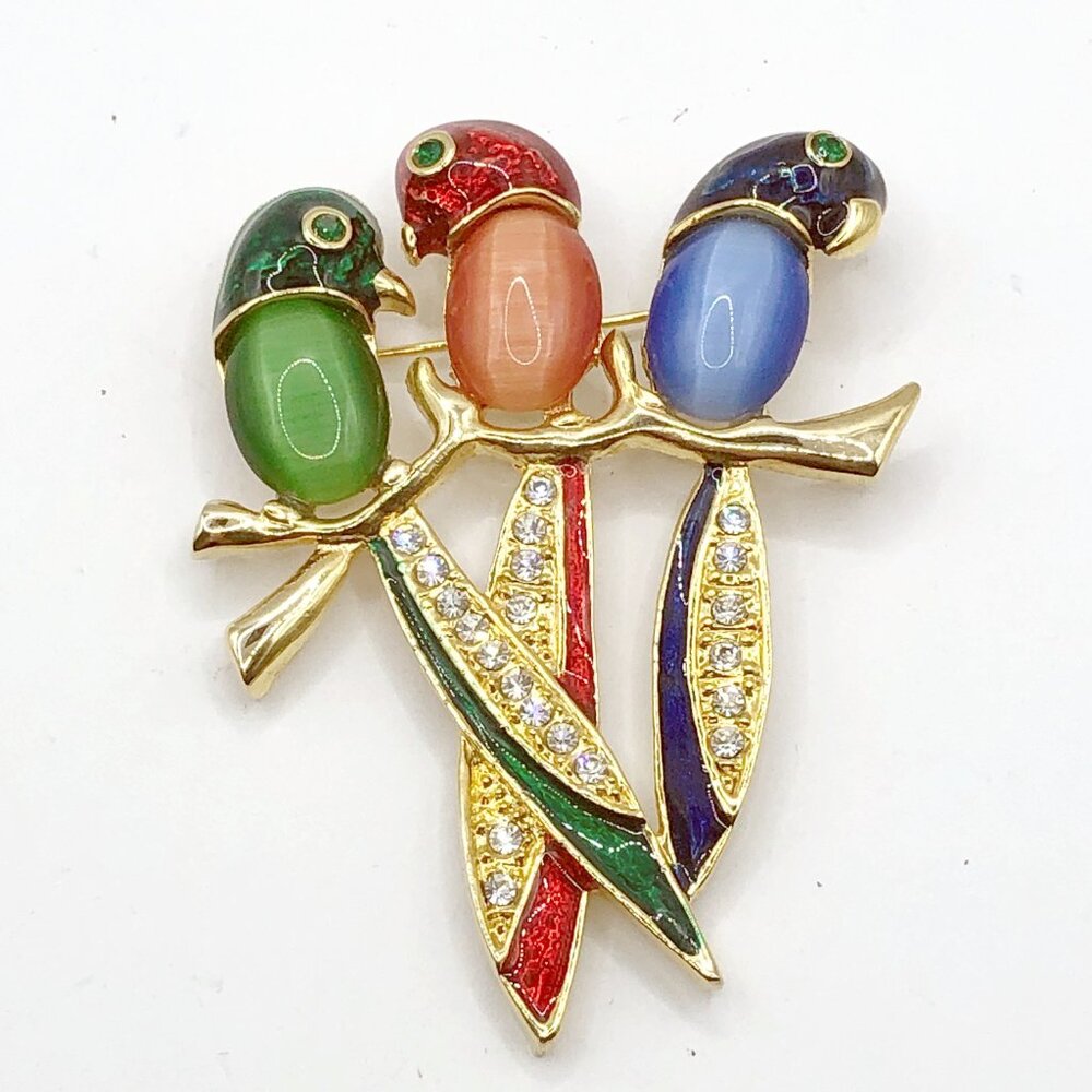 Three Parrot Jelly Belly Brooch Cat’s Eye Cabochons, Enamel & Rhinestones